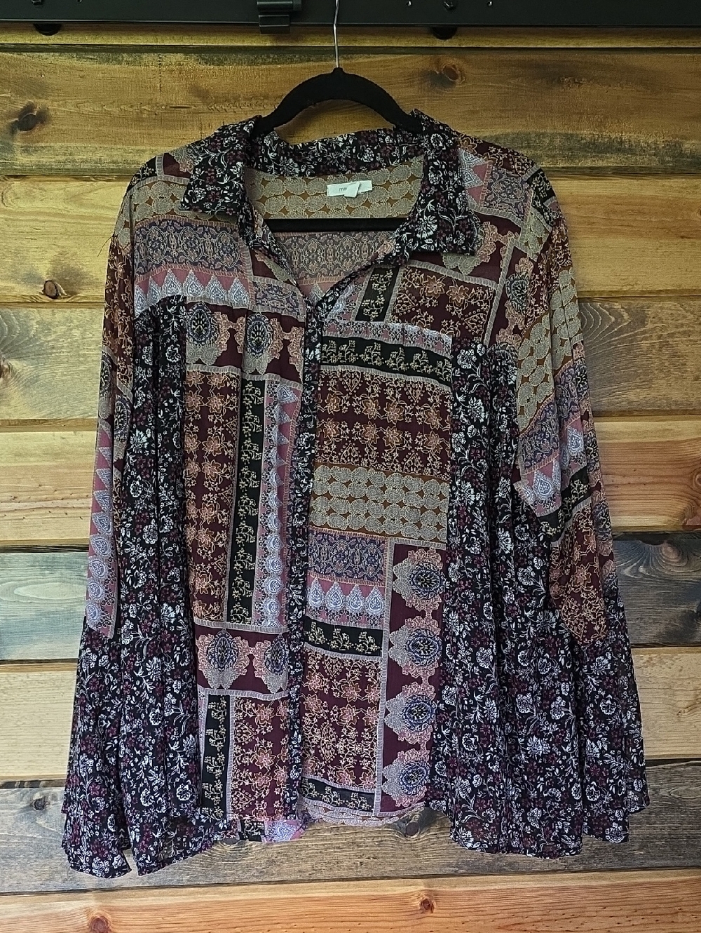Maurices Burgundy Multi Patchwork Button-Down Blouse